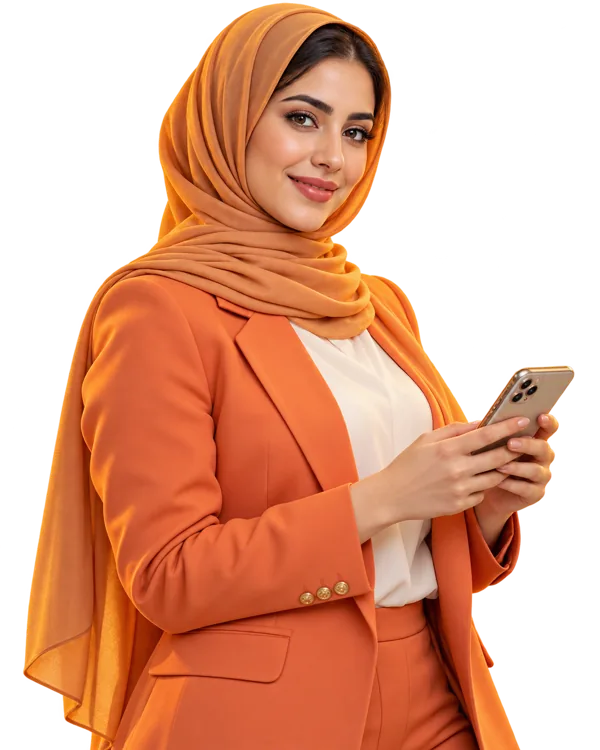 صورة توضيحية لمتخصصة تسويق تحمل هاتفاً